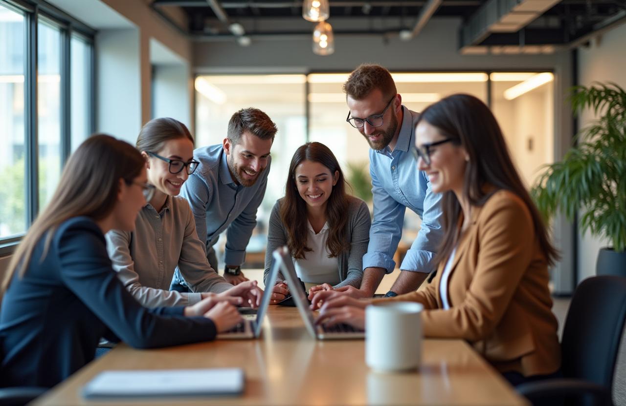 A diverse team collaborating in a modern, bright office space.